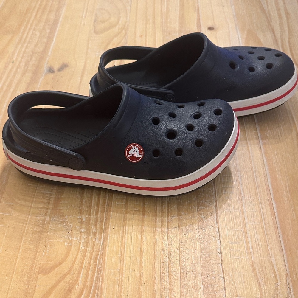 CROCS Navy Clogs with Red and White Accents